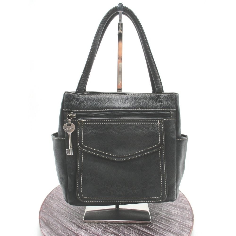 Fossil Handbag Pebbled Leather Mini Key Zipper Logo‎  Pull 90s Zip Pockets Black